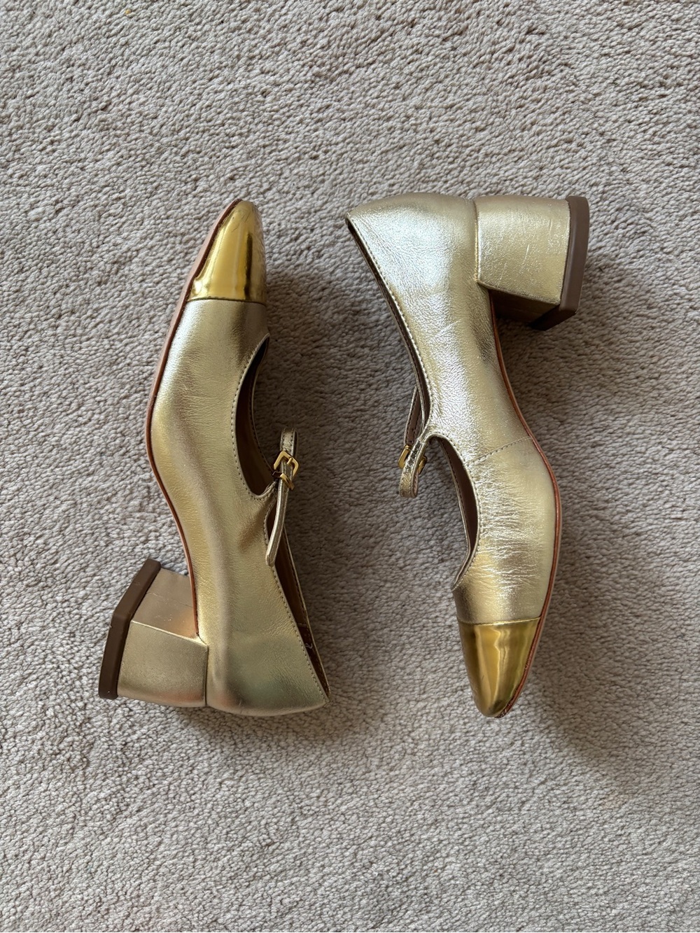 Metallic Gold Mary Jane Block Heels with Cap Toe